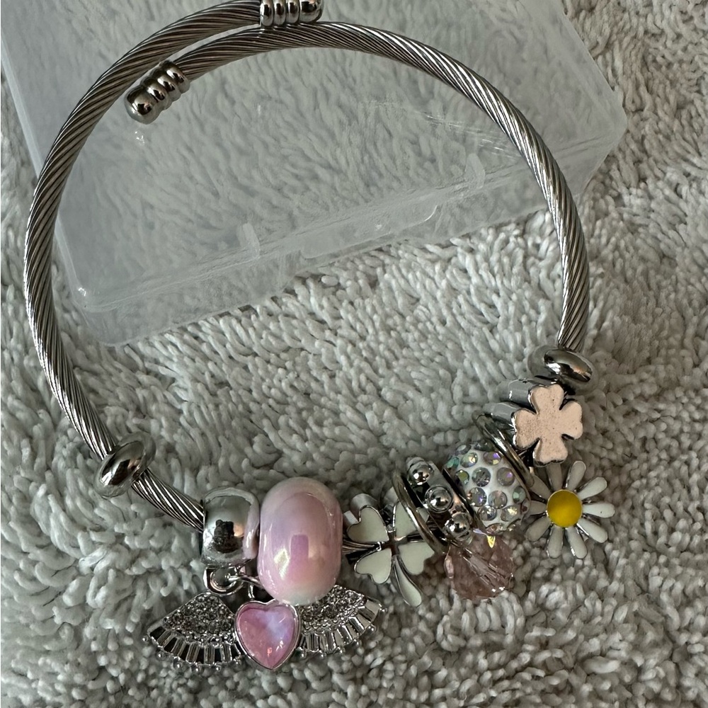 Silver Charm Bracelet with Pink and White Accents
